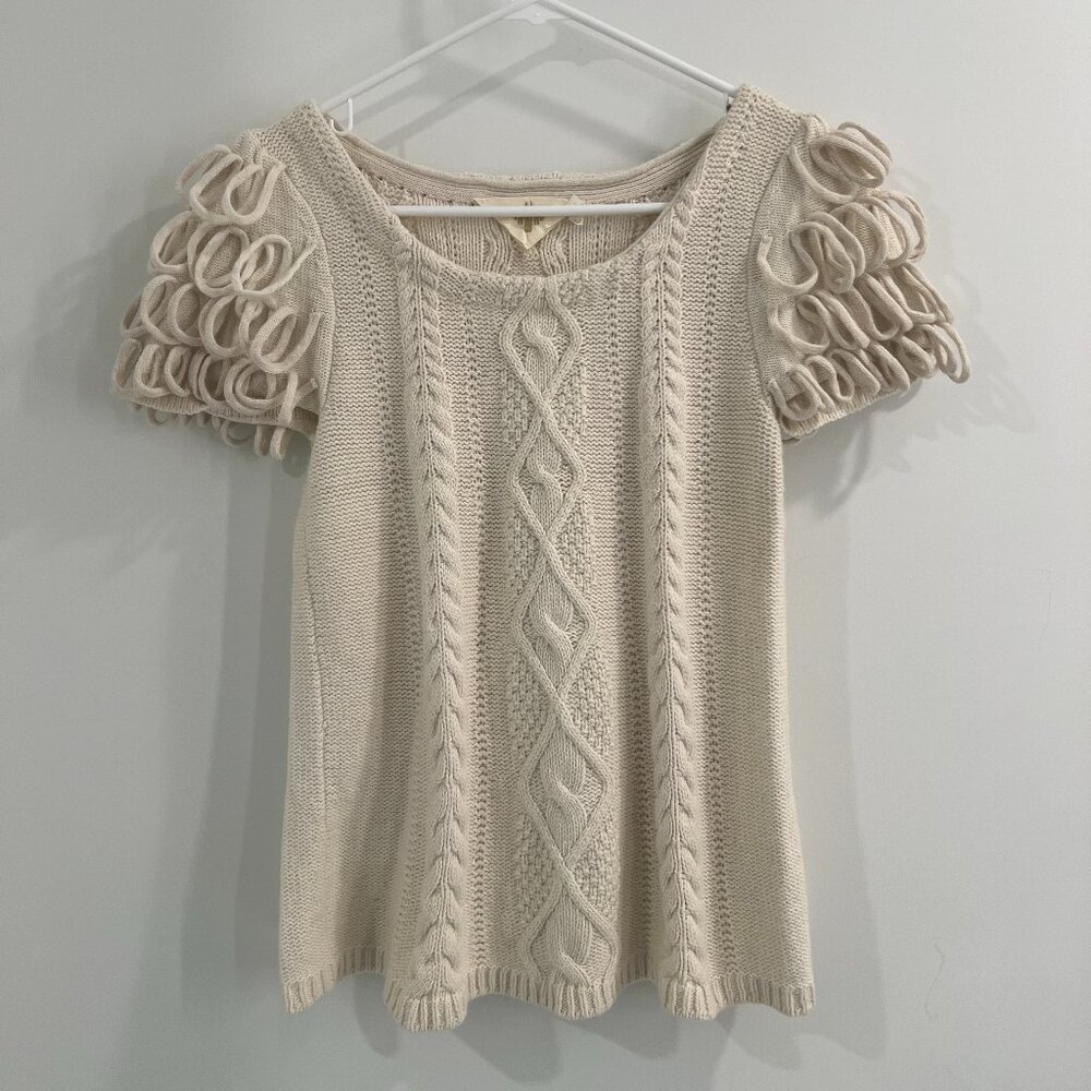 Anthropologie HWR Monogram Looped Epaulet Ivory Cable Knit Sweater XS